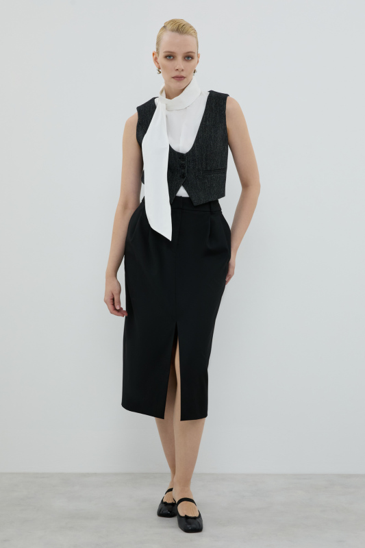 Çift Pileli Önü Yırtmaçlı Midi Boy Etek Siyah - 1