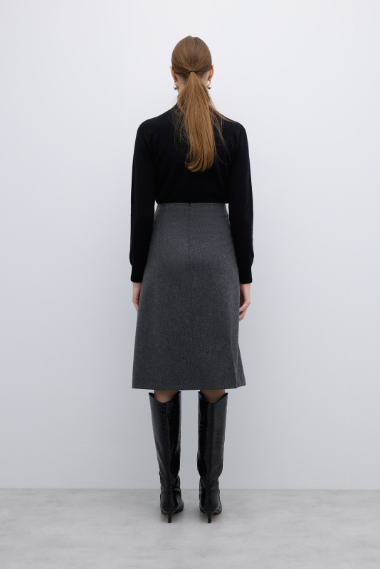 %100 Yün Midi Boy Çan Etek Koyu Gri - Roman (1)