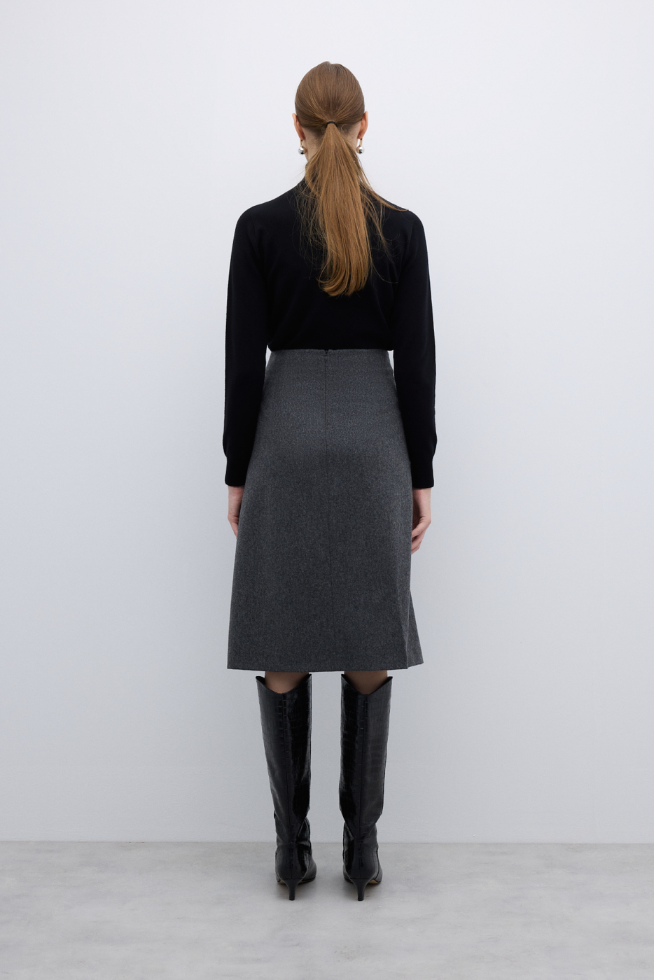 %100 Yün Midi Boy Çan Etek Koyu Gri - 2