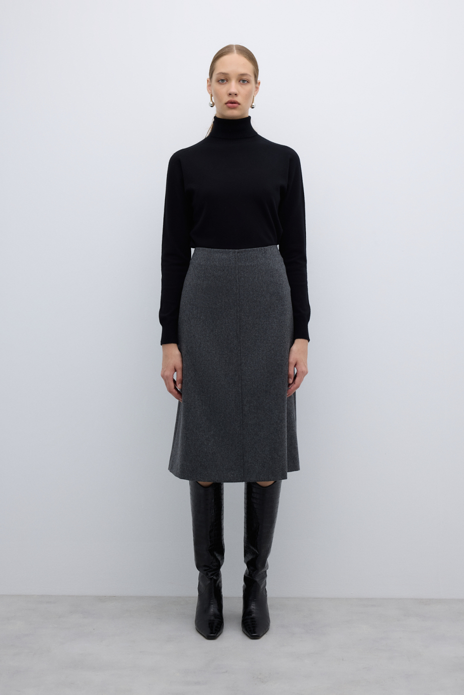%100 Yün Midi Boy Çan Etek Koyu Gri - 1