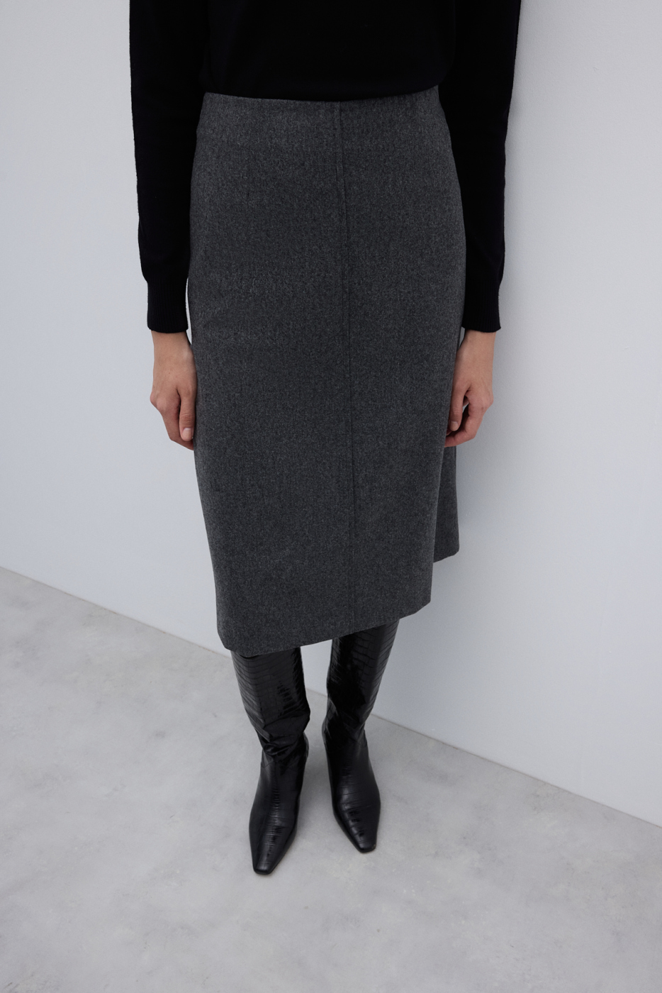 %100 Yün Midi Boy Çan Etek Koyu Gri - 3