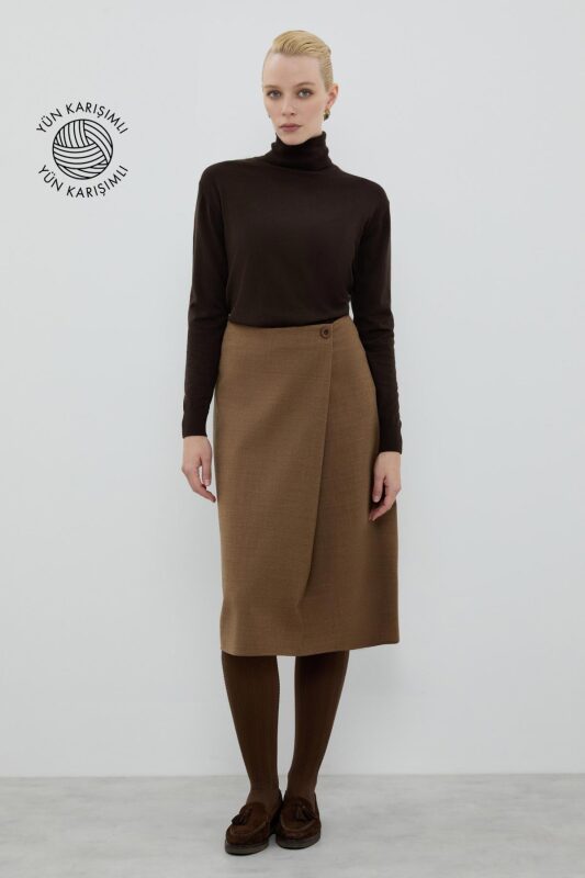 Yün Karışımlı Pili Detaylı Midi Boy Etek Kahve - 1