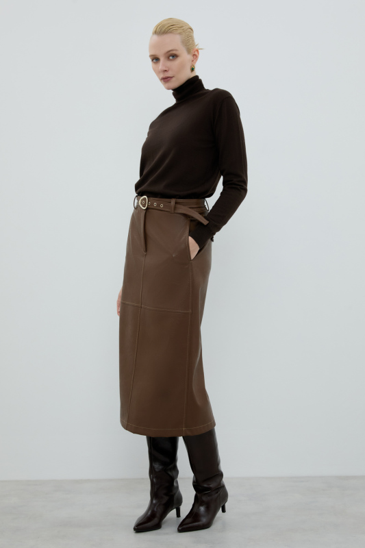 Beli Kemerli Midi Boy Etek Kahve - 3