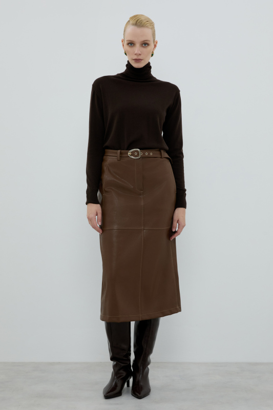 Beli Kemerli Midi Boy Etek Kahve - Roman