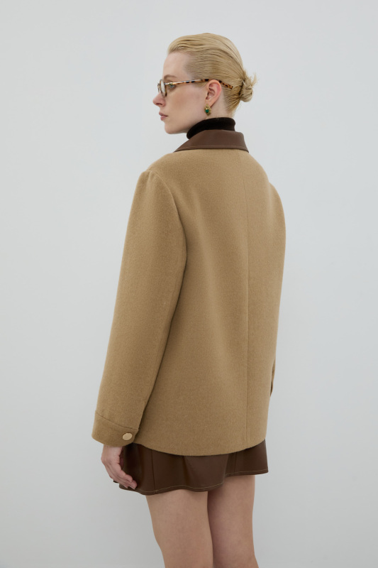 Yün Karışımlı Deri Detaylı Ceket Camel - 2