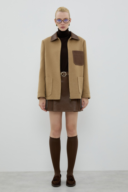 Yün Karışımlı Deri Detaylı Ceket Camel - 3