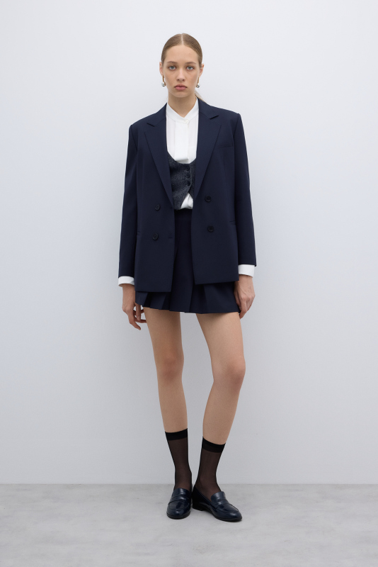 Punto Dikişli Kruvaze Blazer Ceket Lacivert - 5