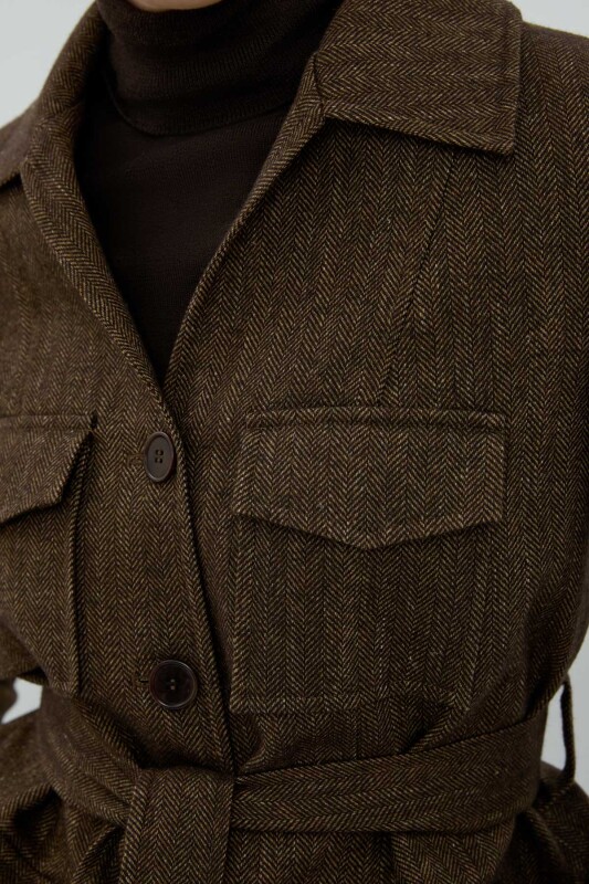 Yün Karışımlı Beli Kemerli Ceket Kahve - 3