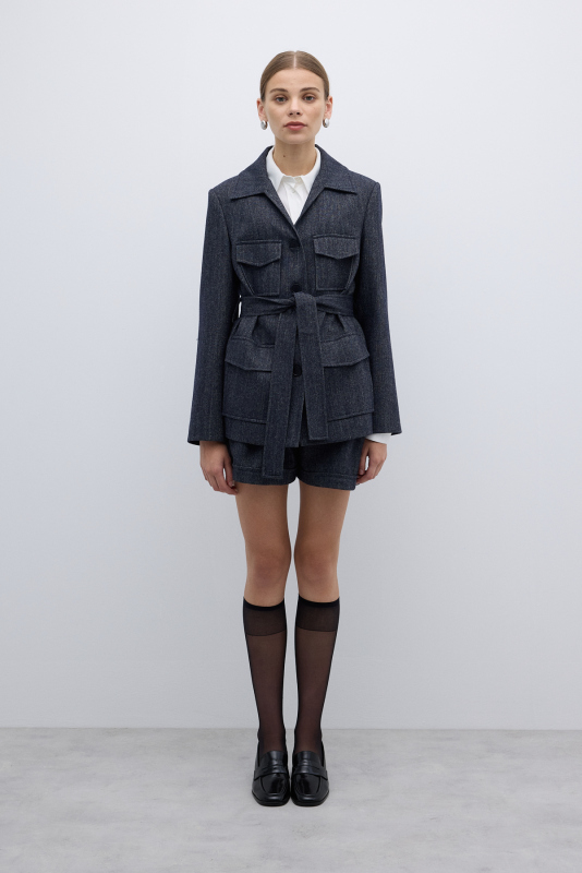 Yün Karışımlı Beli Kemerli Ceket Lacivert - 4