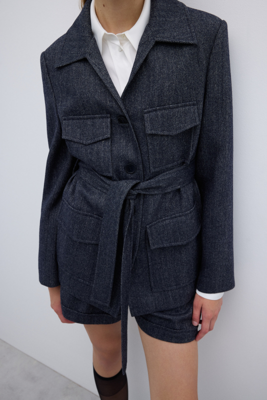 Yün Karışımlı Beli Kemerli Ceket Lacivert - 3