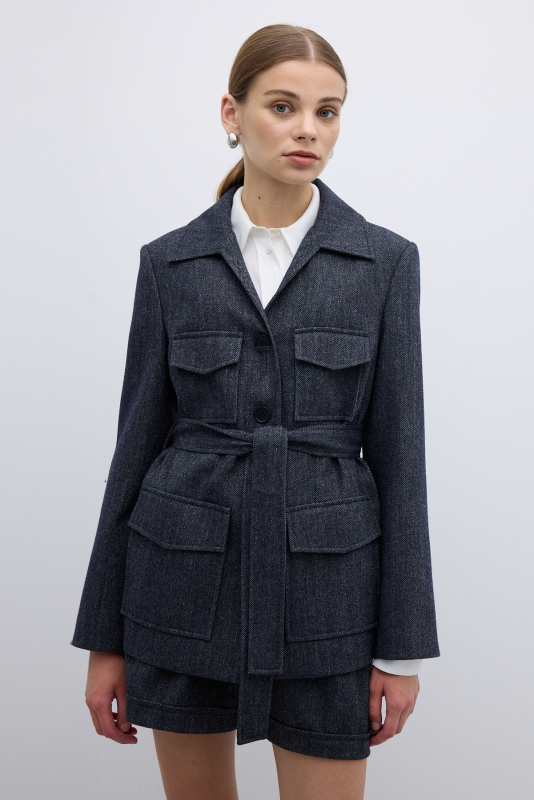 Yün Karışımlı Beli Kemerli Ceket Lacivert - Roman