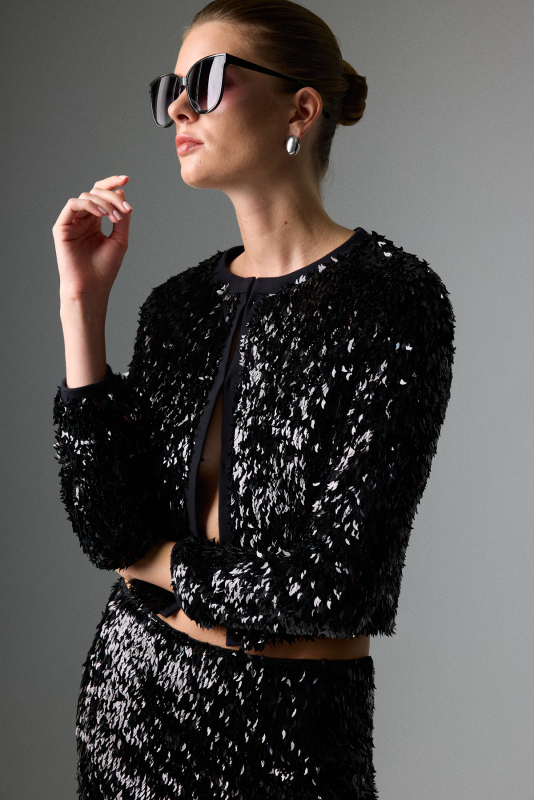 Bisiklet Yaka Payet Ceket Siyah - 3