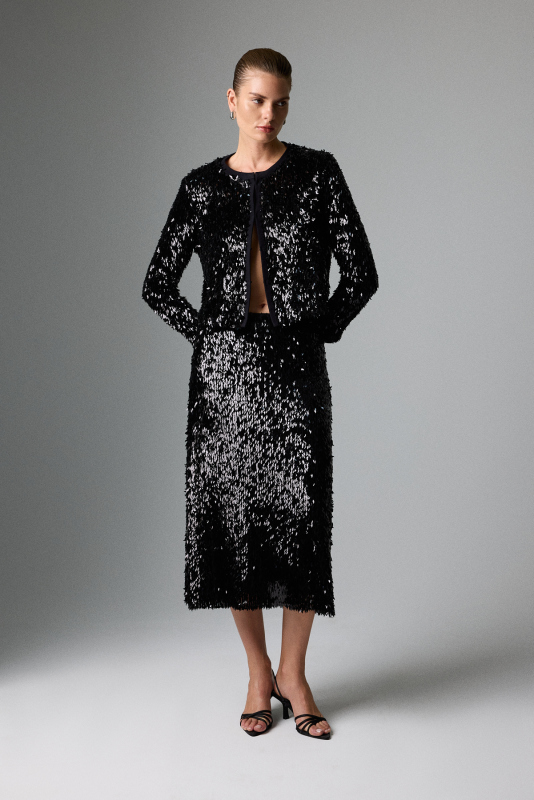 Bisiklet Yaka Payet Ceket Siyah - 4