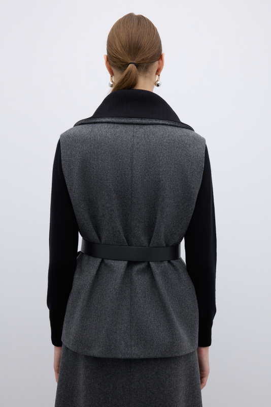 %100 Yün Beli Seyyar Kemerli Fermuarlı Yelek Koyu Gri - 2