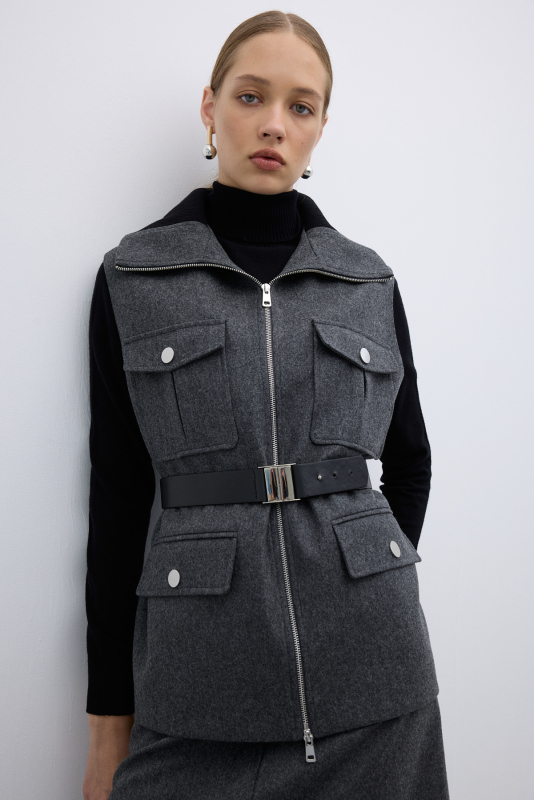 %100 Yün Beli Seyyar Kemerli Fermuarlı Yelek Koyu Gri - 4