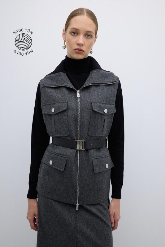 %100 Yün Beli Seyyar Kemerli Fermuarlı Yelek Koyu Gri - 1