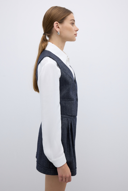 Yün Karışımlı U Yaka Önü Düğmeli Yelek Lacivert - 3