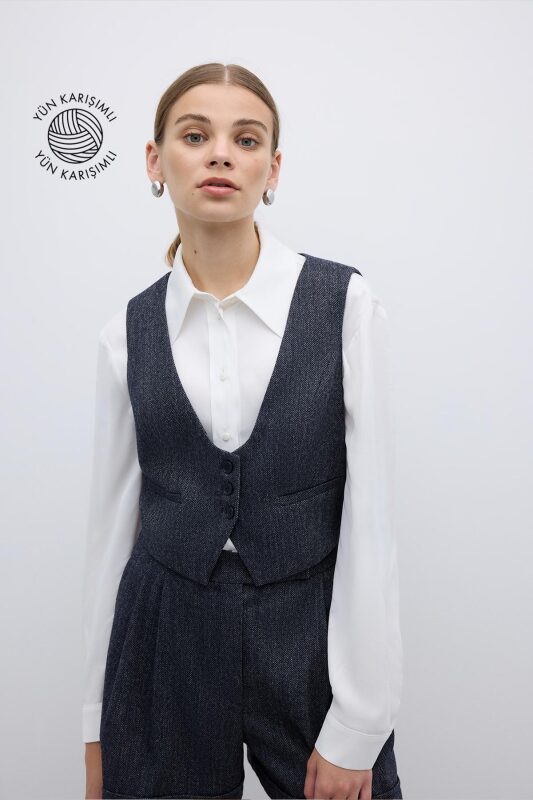 Yün Karışımlı U Yaka Önü Düğmeli Yelek Lacivert - 1