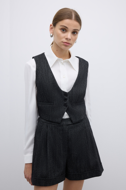 Yün Karışımlı U Yaka Önü Düğmeli Yelek Siyah - 3