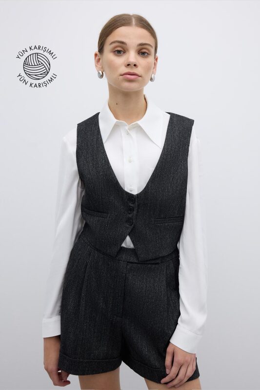 Yün Karışımlı U Yaka Önü Düğmeli Yelek Siyah 