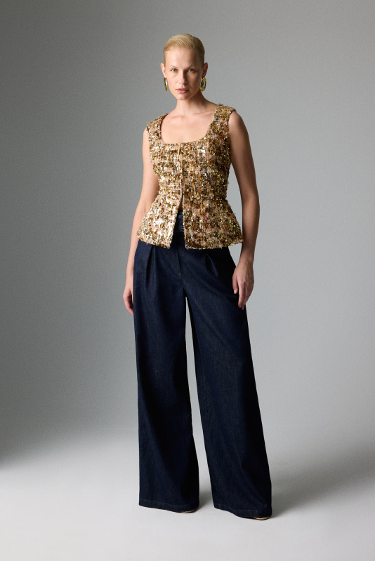 Bele Oturan Kare Yaka Payetli Yelek Gold - 3