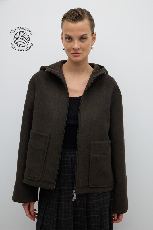 Yün Karışımlı Fermuar Detaylı Kapüşonlu Mont Haki - Roman