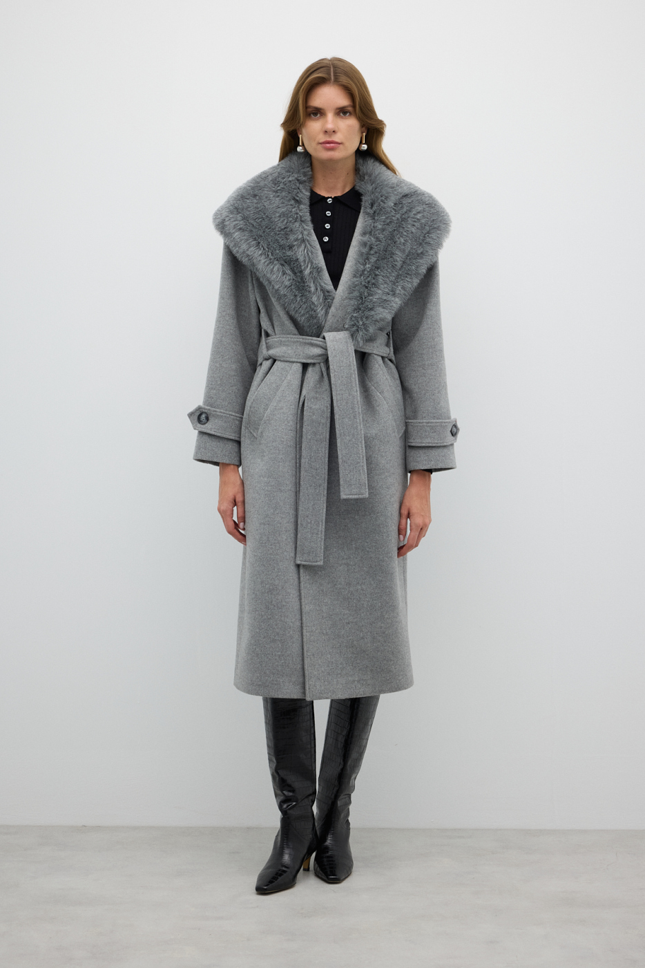 Çıkarılabilir Kürk Yakalı Kruvaze Yün Kaban Gri - 1