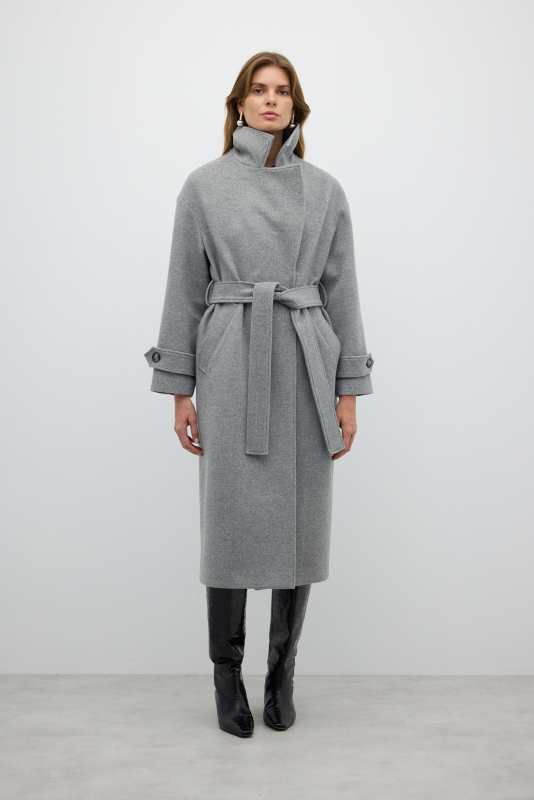 Çıkarılabilir Kürk Yakalı Kruvaze Yün Kaban Gri - 5