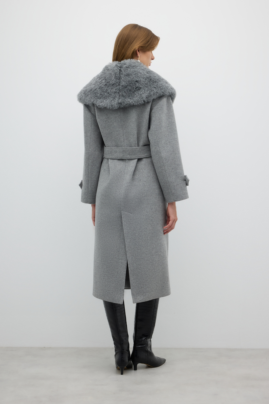 Çıkarılabilir Kürk Yakalı Kruvaze Yün Kaban Gri - 2