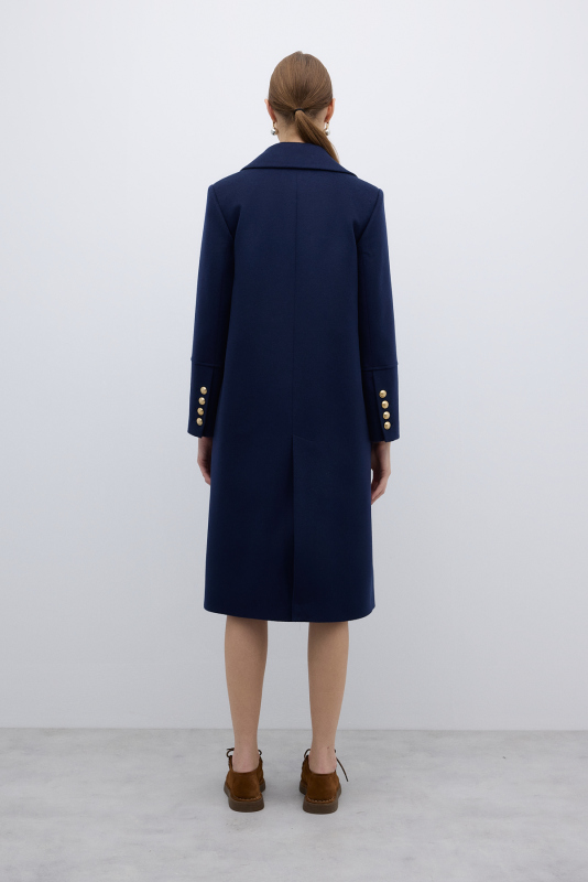 %100 Yün Gold Düğmeli Kruvaze Kaban Lacivert - 2