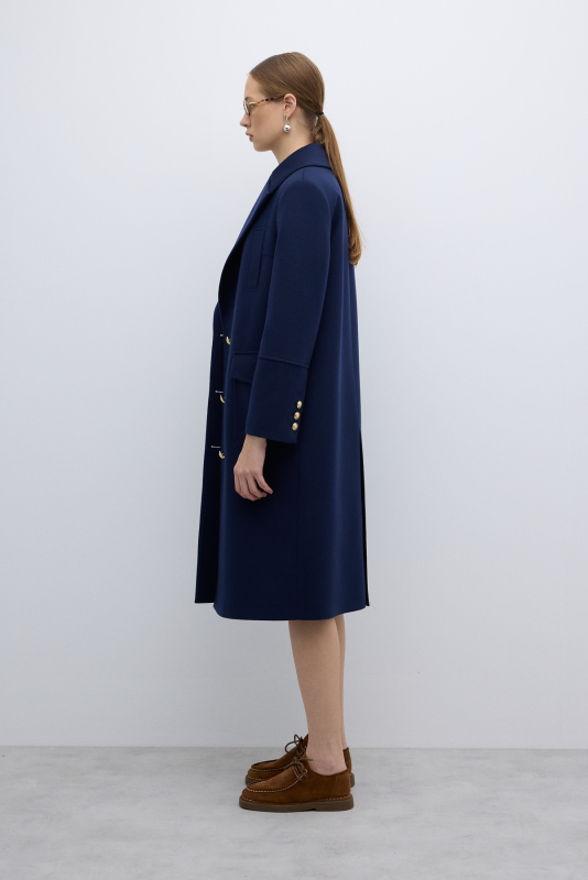 %100 Yün Gold Düğmeli Kruvaze Kaban Lacivert - 3