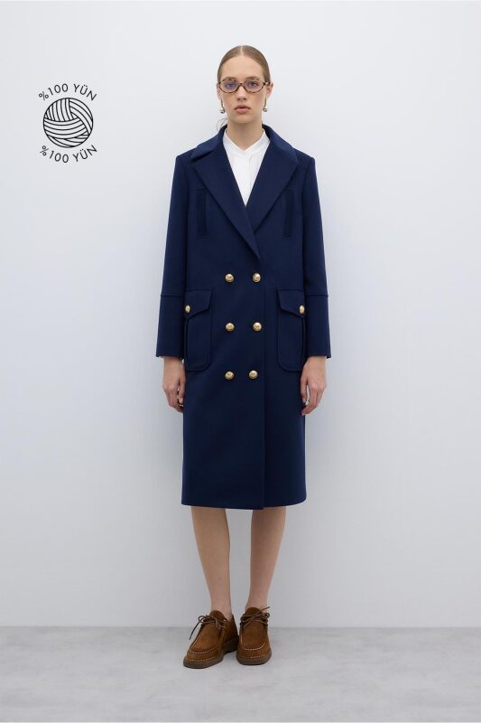 %100 Yün Gold Düğmeli Kruvaze Kaban Lacivert - 1