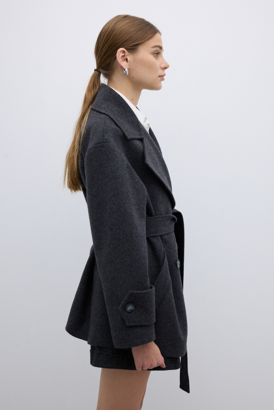 Yün Karışımlı Kruvaze Beli Kemerli Kaban Antrasit - 4