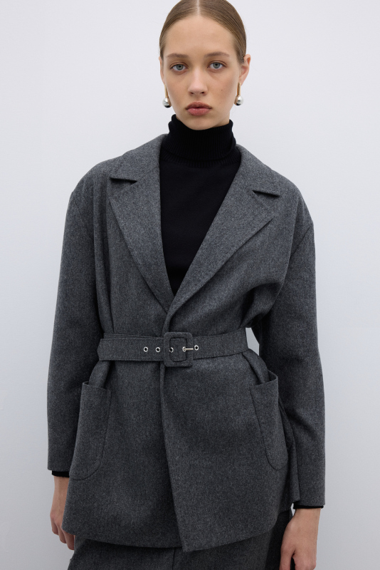 %100 Yün Beli Seyyar Kemerli Kaban Koyu Gri - Roman