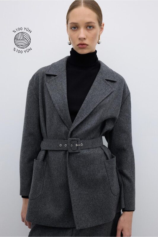 %100 Yün Beli Seyyar Kemerli Kaban Koyu Gri - 1