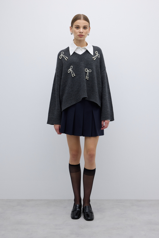 V Yaka İnci Detaylı Triko Antrasit - 3