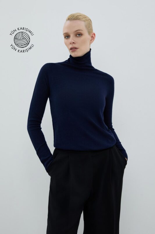 Yün Karışımlı Triko Kazak Lacivert 