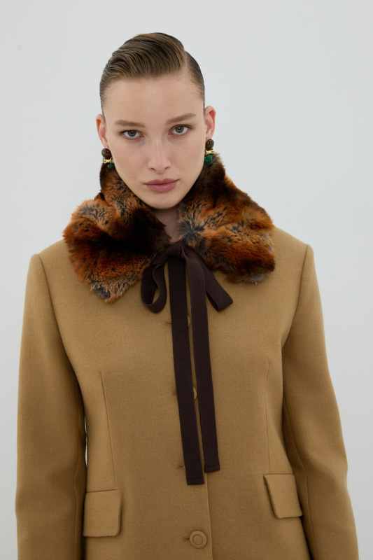 Bağlama Detaylı Kürk Yaka Standart Renk - Roman