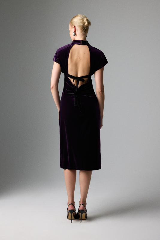 Kadife Beli Büzgülü Midi Boy Elbise Mürdüm - Roman (1)