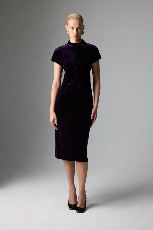 Kadife Beli Büzgülü Midi Boy Elbise Mürdüm - Roman