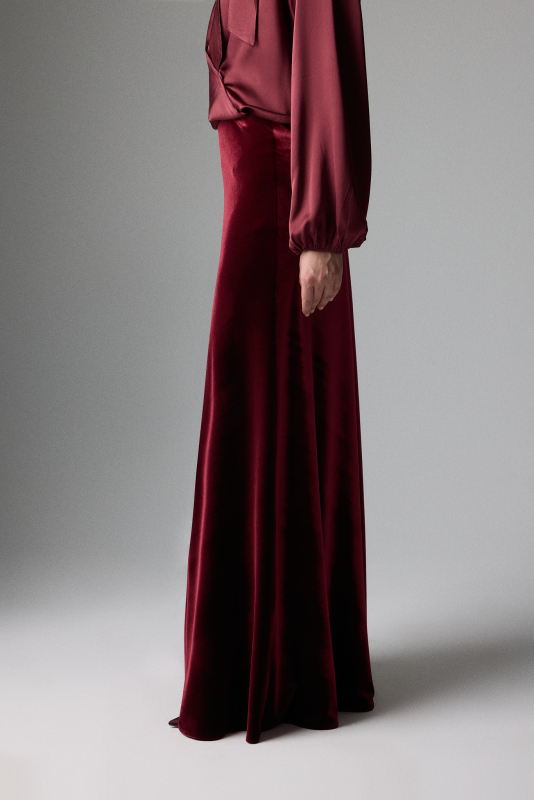 Kadife Beli Lastikli Maksi Boy Etek Bordo - 3