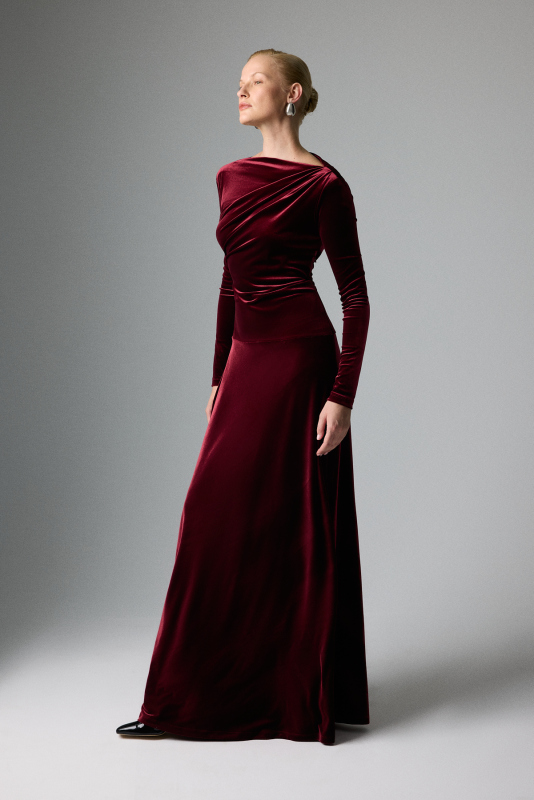 Kadife Drape Detaylı Uzun Kol Maksi Elbise Bordo - 3