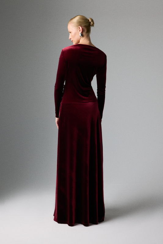 Kadife Drape Detaylı Uzun Kol Maksi Elbise Bordo - Roman