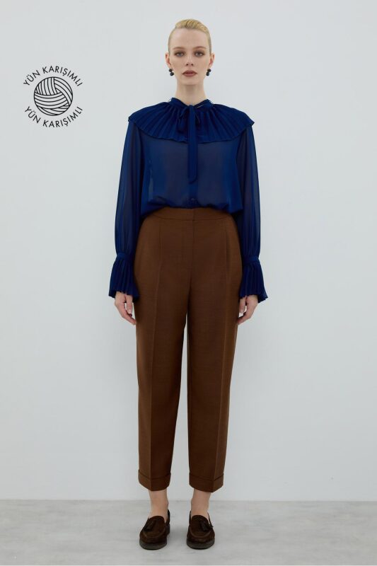 Double Paça Çift Pileli Havuç Pantolon Kahve - Roman