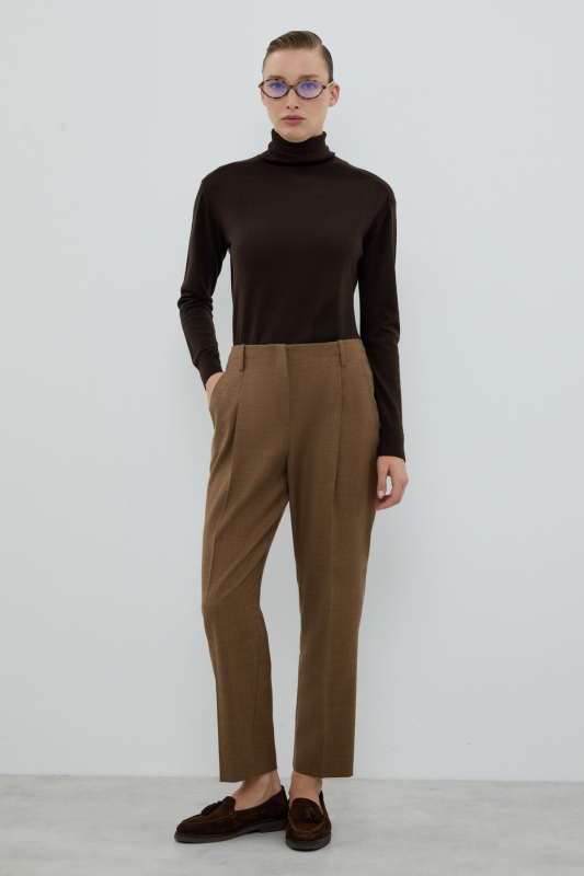 Yün Karışımlı Tek Pileli Havuç Pantolon Kahve - Roman