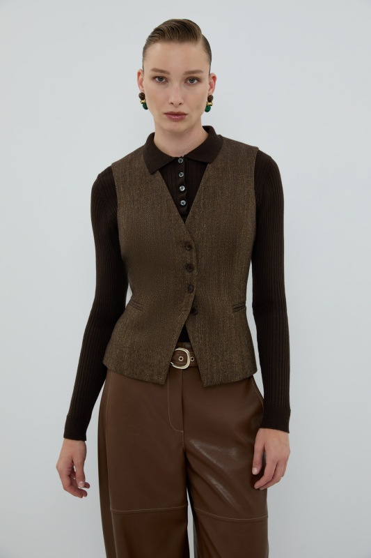 Yün Karışımlı V Yaka Önü Düğmeli Yelek Kahve - Roman