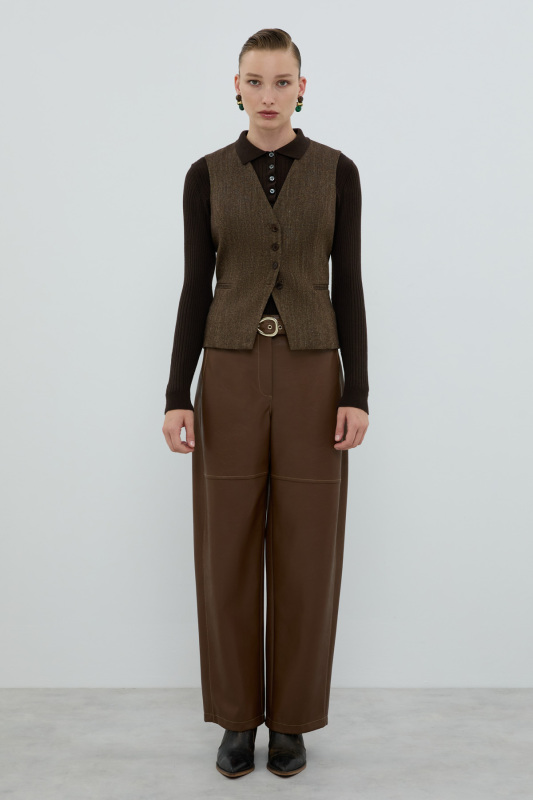 Yün Karışımlı V Yaka Önü Düğmeli Yelek Kahve - 3