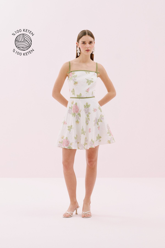 Kanaviçe Desenli İnce Askılı Mini Elbise Standart Renk - Roman