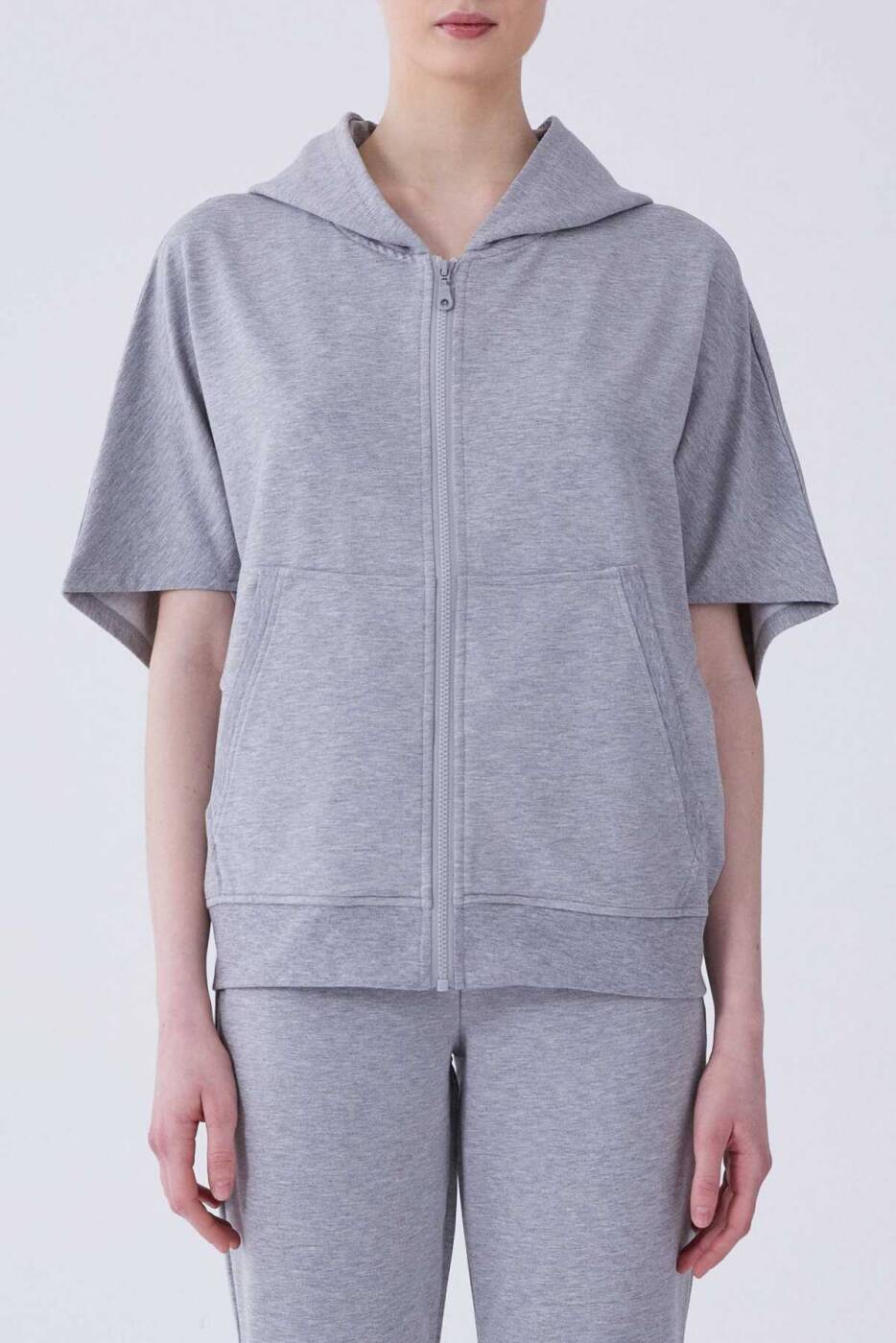 Kapüşonlu Kısa Kollu Kadın Sweatshirt Gri - 1