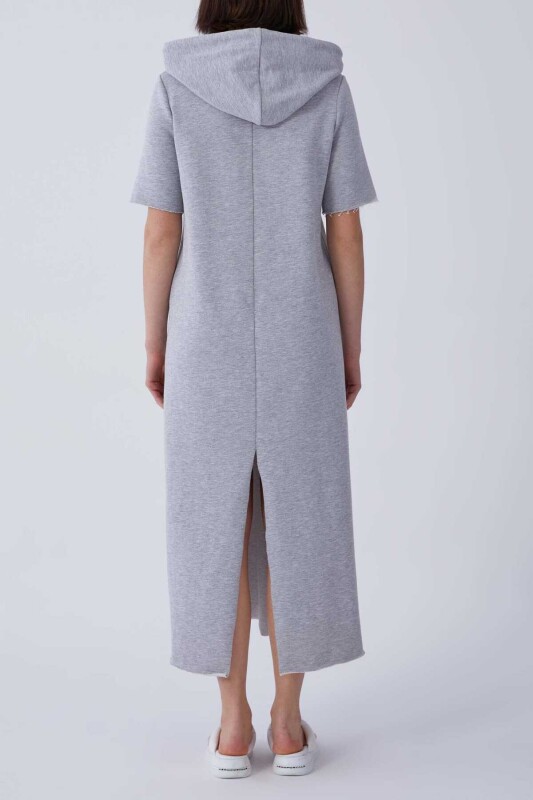 Kapüşonlu Nazar Boncuk İşlemeli Kısa Kol Uzun Elbise Gri - 2